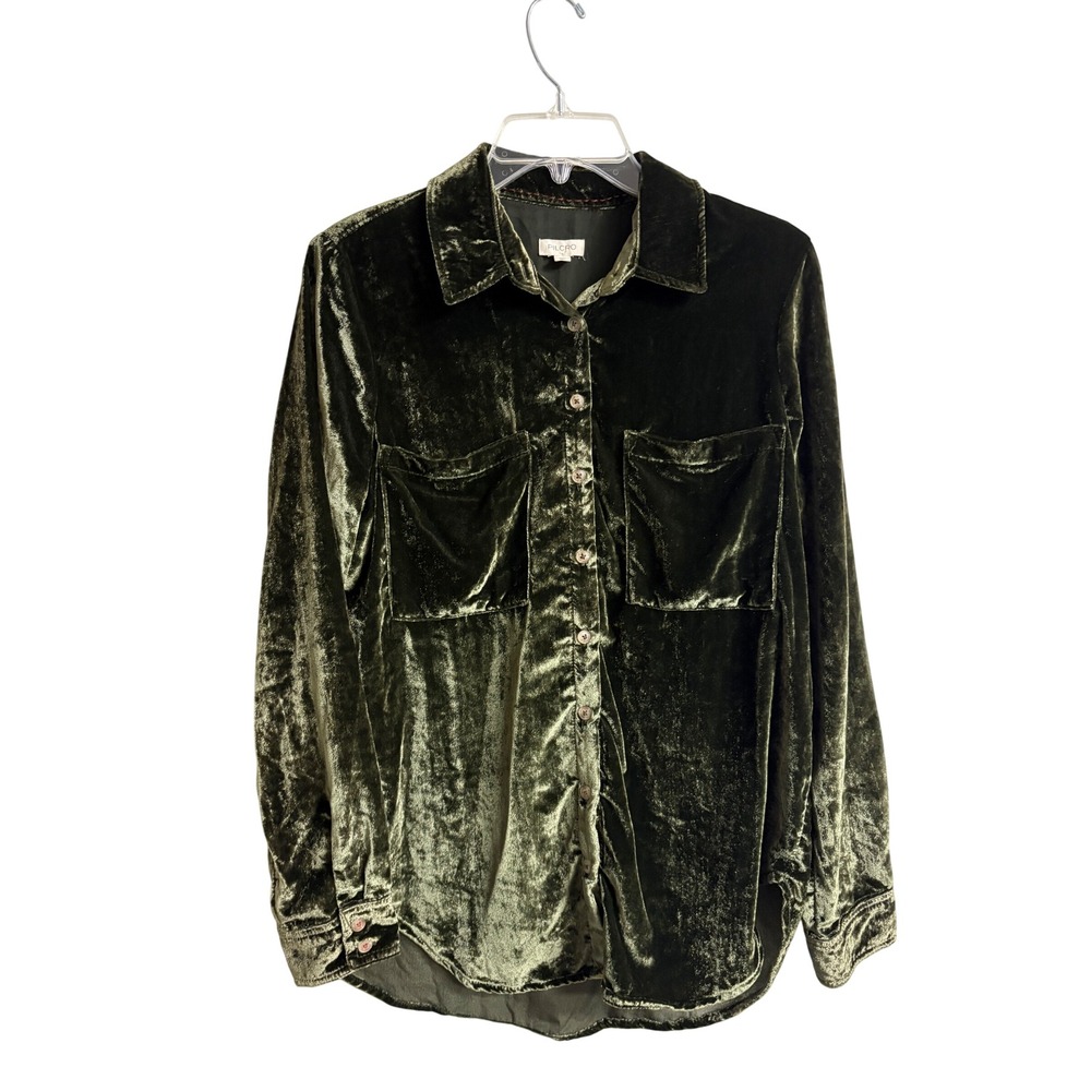 Pilcro Anthropologie Green Velvet Button Down Shirt Women Small Long Sleeve‎
